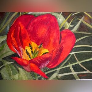 Vibrant Red Floral Original Watercolor Painting